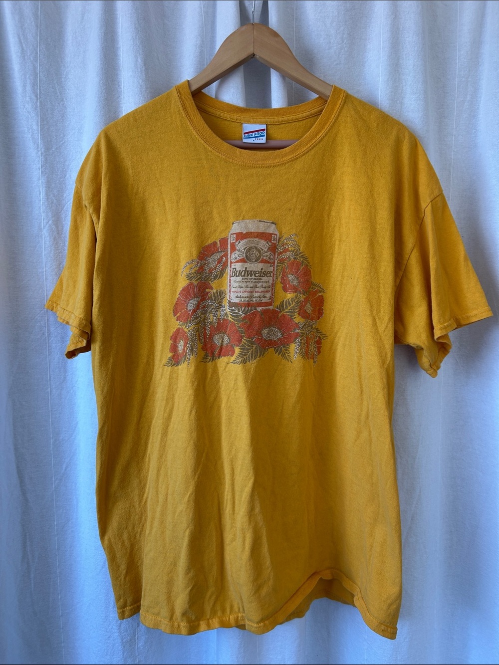 BUDWEISER graphic Junk Food Yellow Tee with Floral Can Design